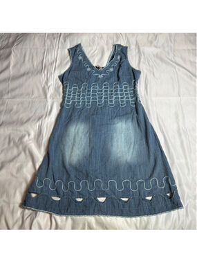 Women's Cotton Natural Denim Mini Dress XXL Blue Embroidered Sleeveless